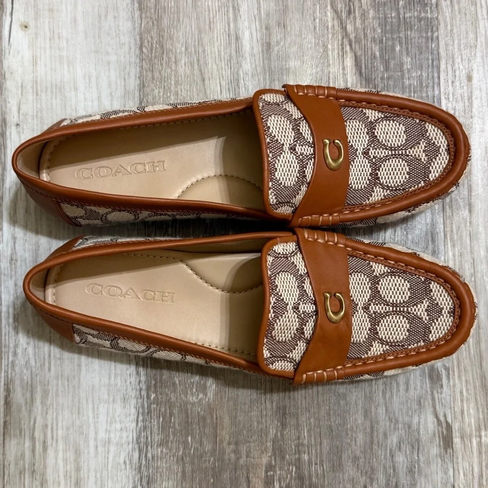 Coach Marley Driver Loafers Signature Jacquard Leather Khaki Saddle CA568 WMN 9B
